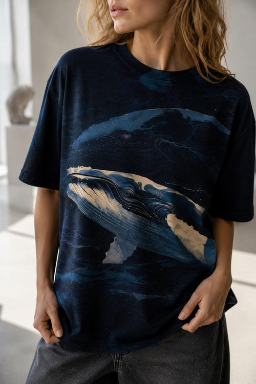 Artistic Whale Cotton T-Shirt | Dark Nordic Marine Tee