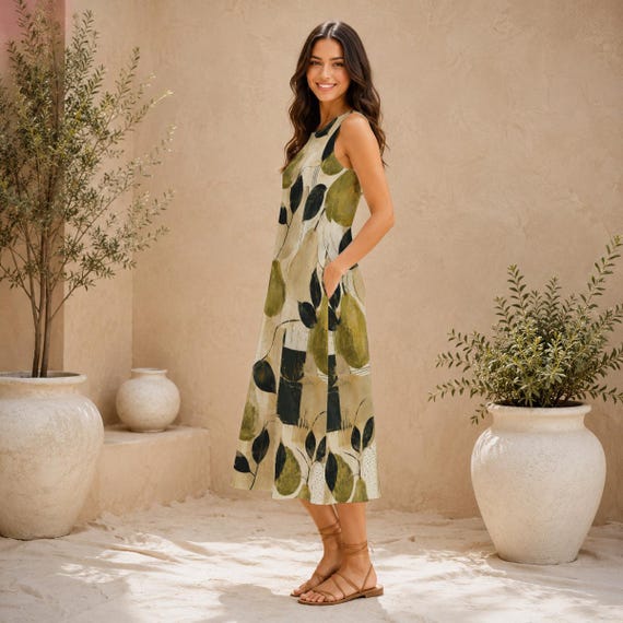 Pear print cotton midi dress with pockets – image 5