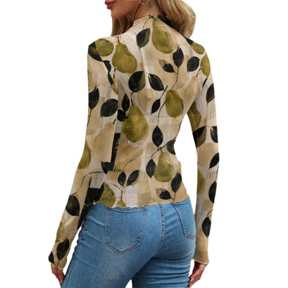 Olive botanical sheer long sleeve mesh top – image 10