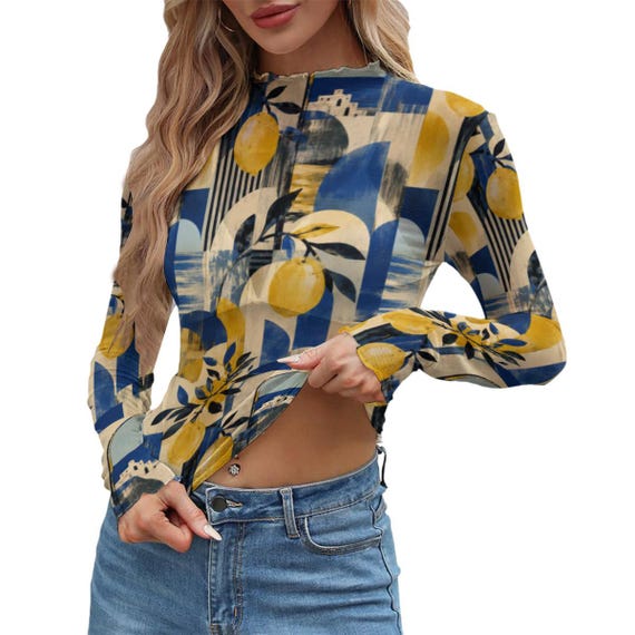 Lemon and blue long sleeve mesh top – image 9