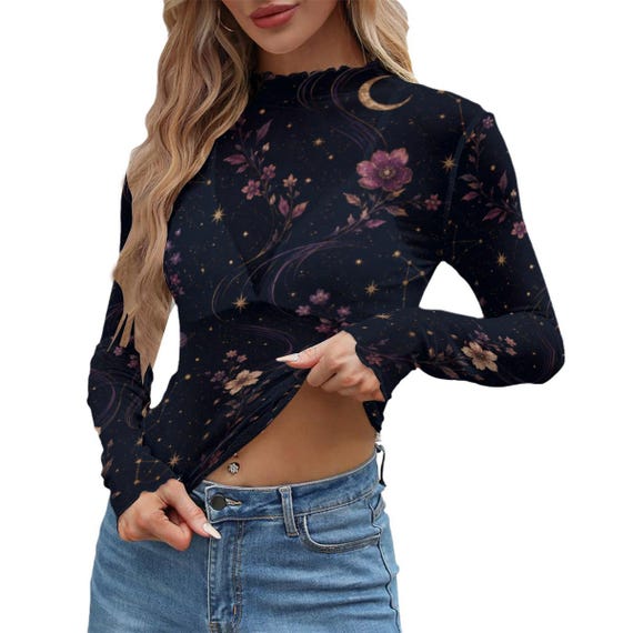Celestial floral long sleeve mesh top – image 10