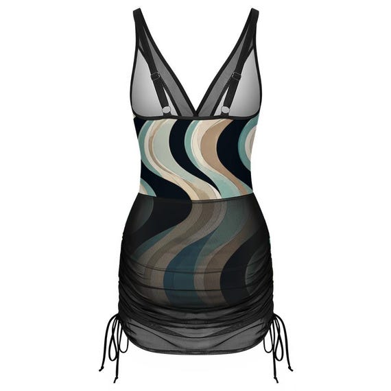 Abstract wave one-piece swimsuit with shaping mesh skirt – image 8