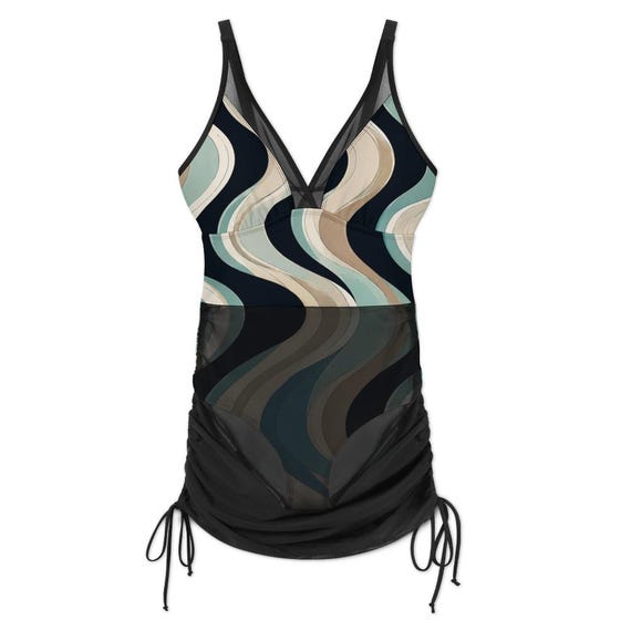 Abstract wave one-piece swimsuit with shaping mesh skirt – image 6