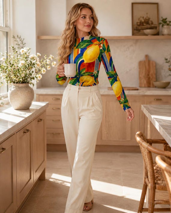 Lemon print long sleeve mesh top – image 6