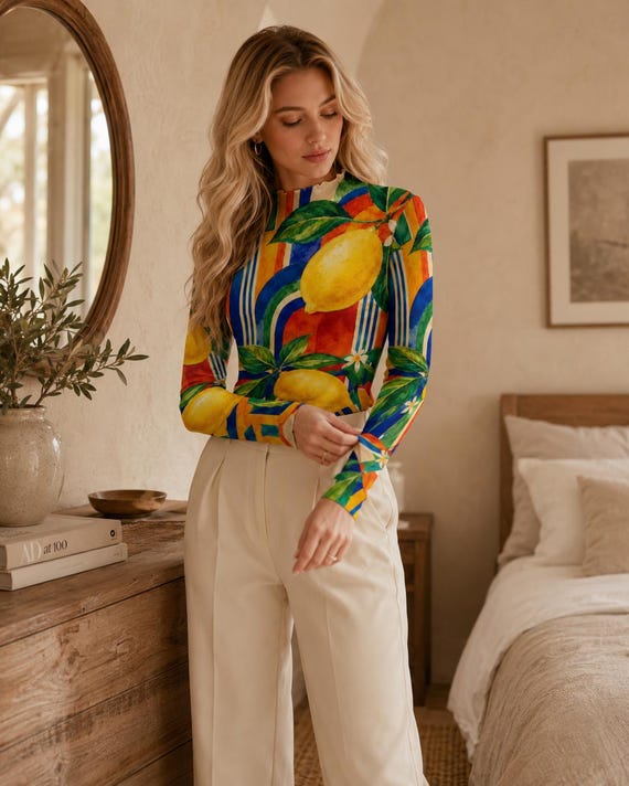 Lemon print long sleeve mesh top – image 2