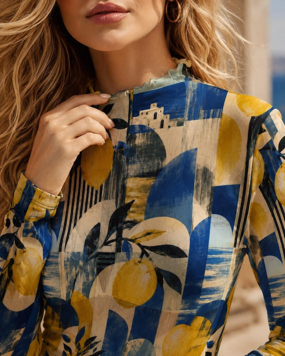 Lemon and blue long sleeve mesh top – image 1