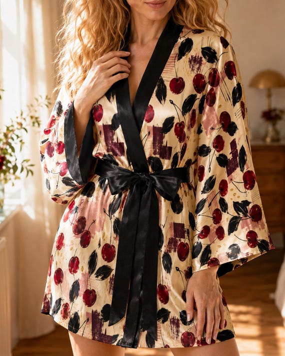 Cherry print satin bridesmaid robe – image 1
