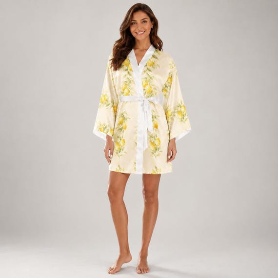Lemon satin bridesmaid kimono robe – image 9