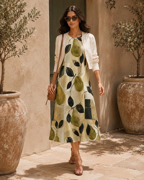 Pear print cotton midi dress with pockets – image 9