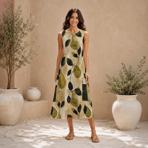 Pear print cotton midi dress with pockets – image 3