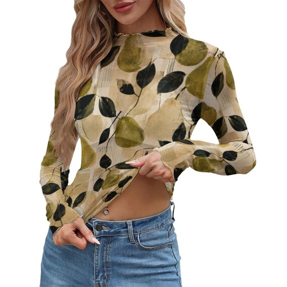 Olive botanical sheer long sleeve mesh top – image 9