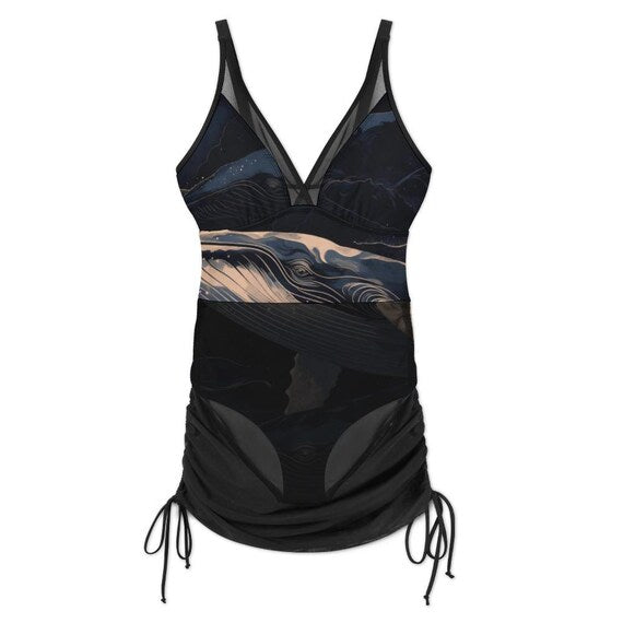 Ocean wave one-piece swimsuit with sheer ruched skirt – image 8