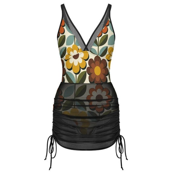 Retro floral one-piece swimsuit with sheer ruched mesh skirt – image 13