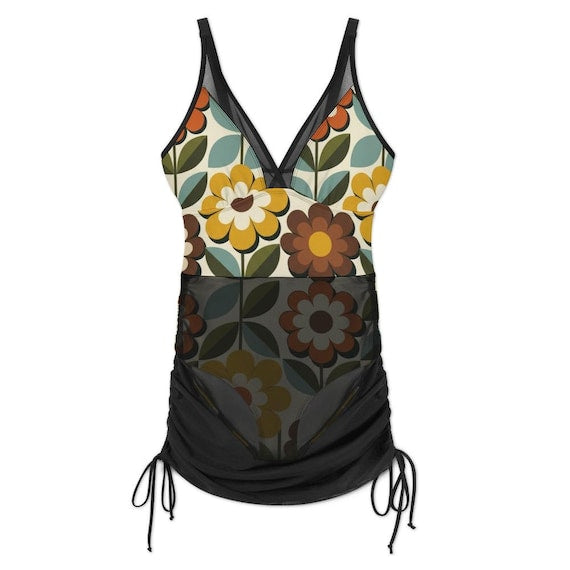 Retro floral one-piece swimsuit with sheer ruched mesh skirt – image 11