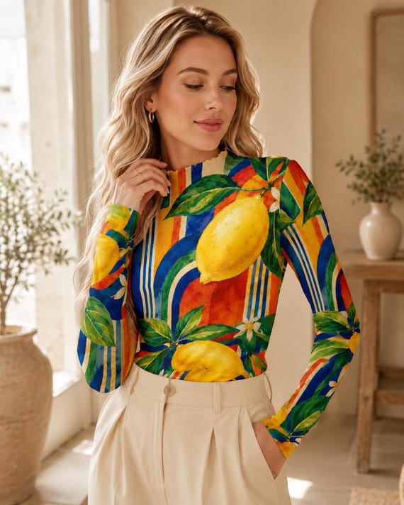Lemon print long sleeve mesh top – image 1