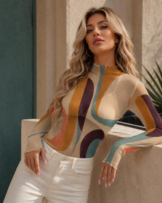 Abstract geometric long sleeve mesh top – image 6