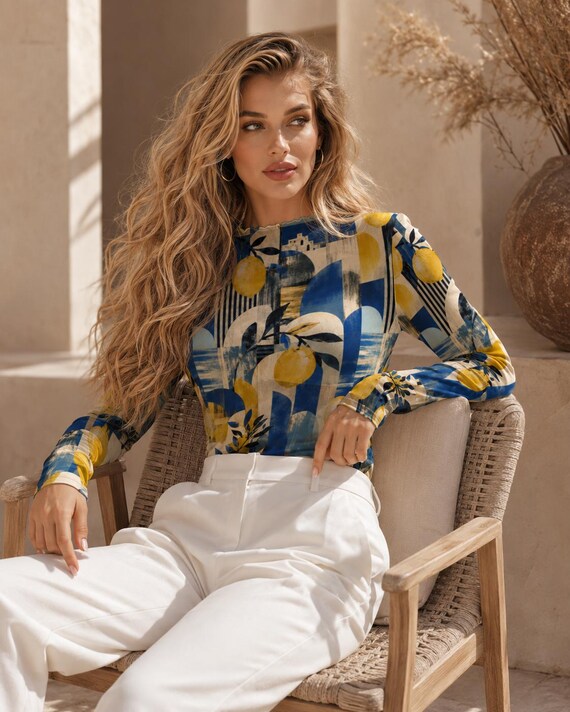 Lemon and blue long sleeve mesh top – image 5