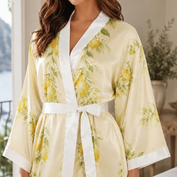 Lemon satin bridesmaid kimono robe – image 1