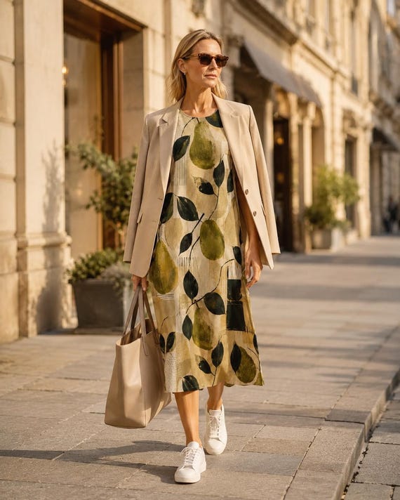 Pear print cotton midi dress with pockets – image 4
