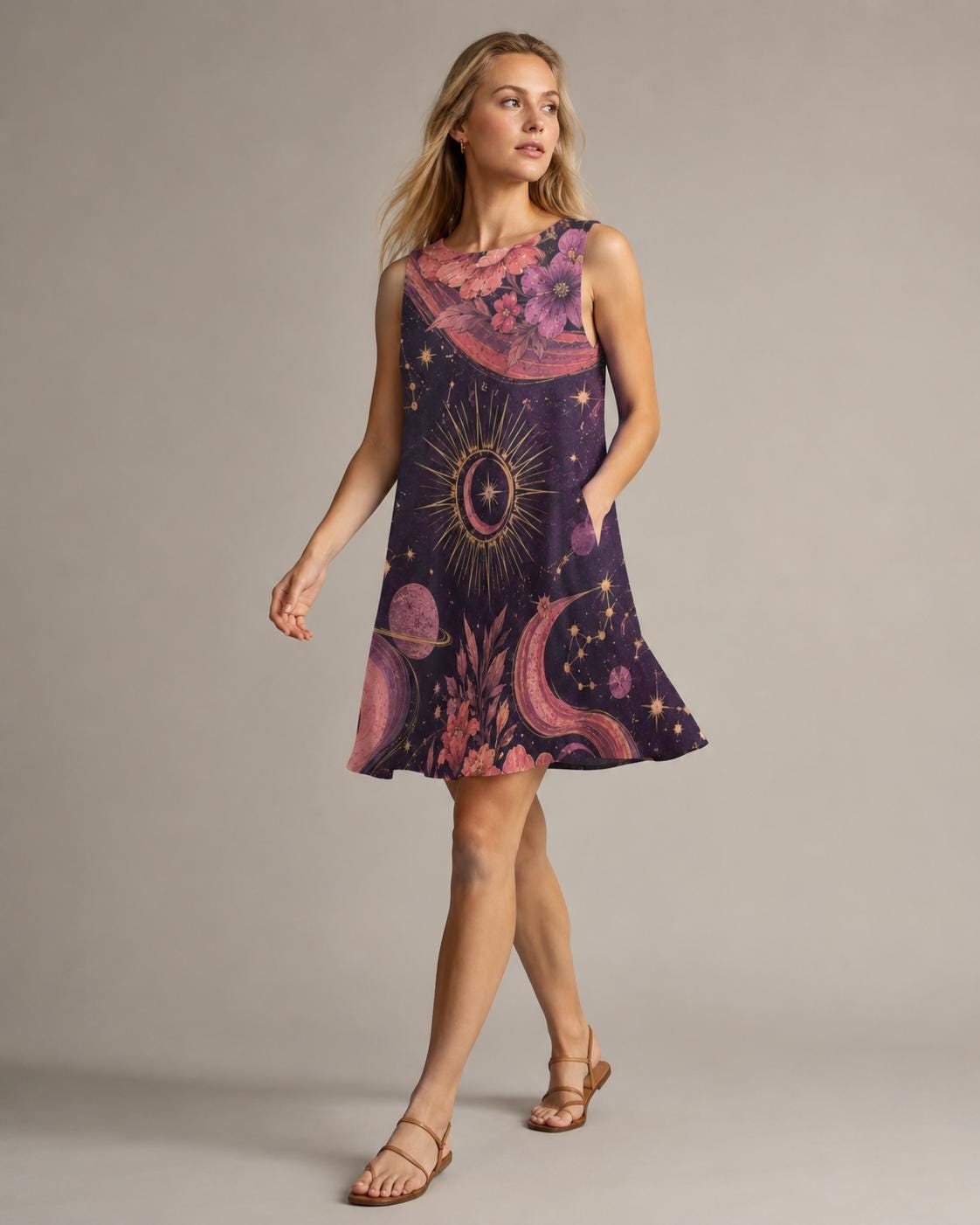 Pink Celestial Moon Dress, 60s A-Line Mini, Tarot Floral Outfit - image 1