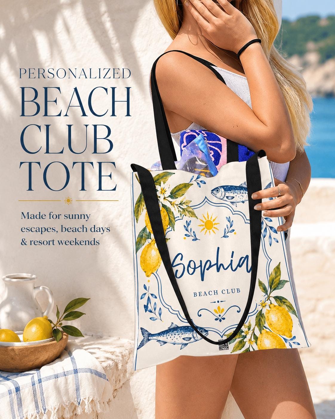 Personalized Lemon Fish Beach Tote Bag, Mediterranean Coastal Canvas Market Bag - image 5