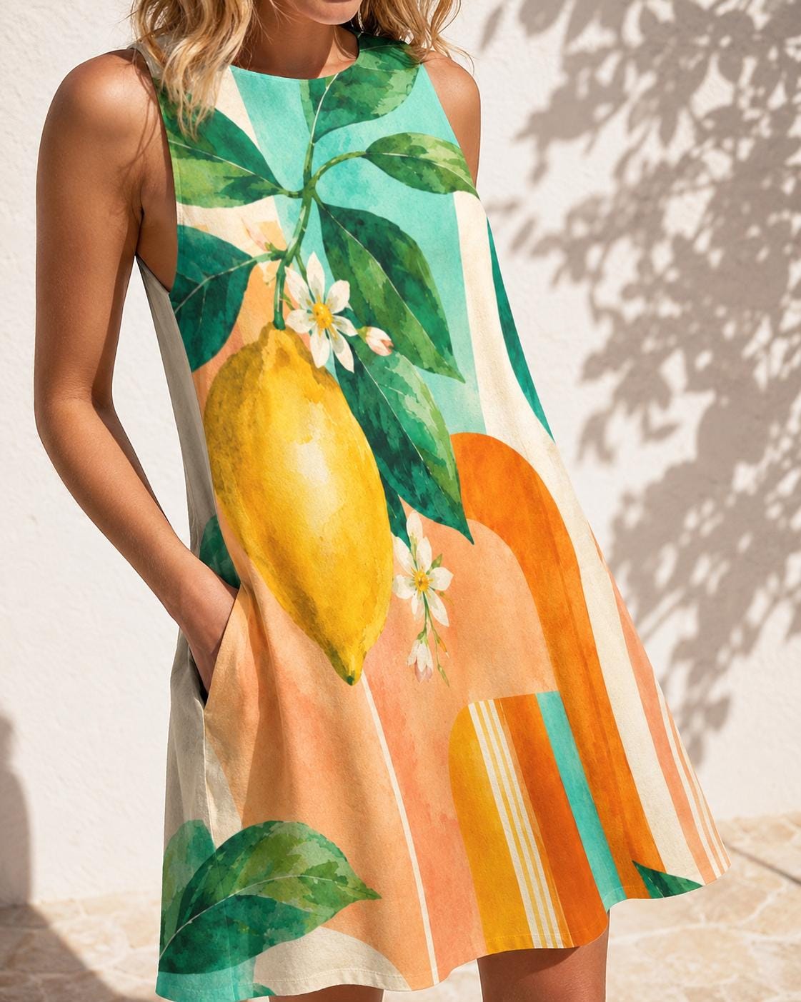 Lemon Watercolor A-Line Dress, Sleeveless Mediterranean Resort Wear - image 2