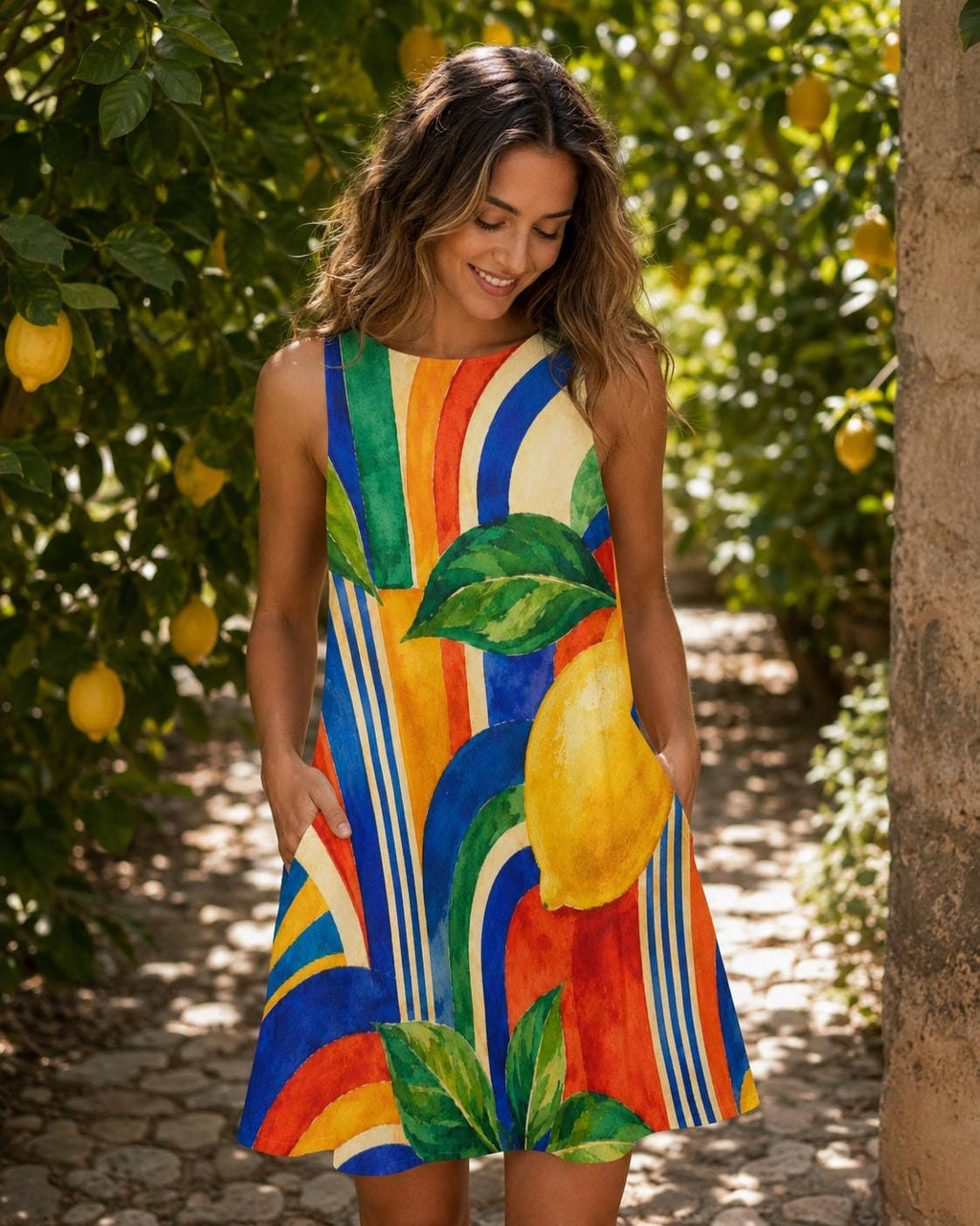 Colorful Lemon A-Line Dress, Retro Italian Summer Resort Outfit, Pockets - image 1