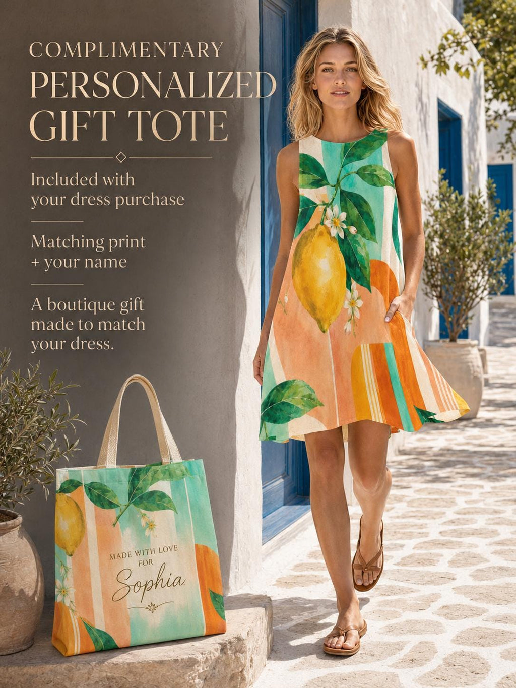 Lemon Watercolor A-Line Dress, Sleeveless Mediterranean Resort Wear - image 3