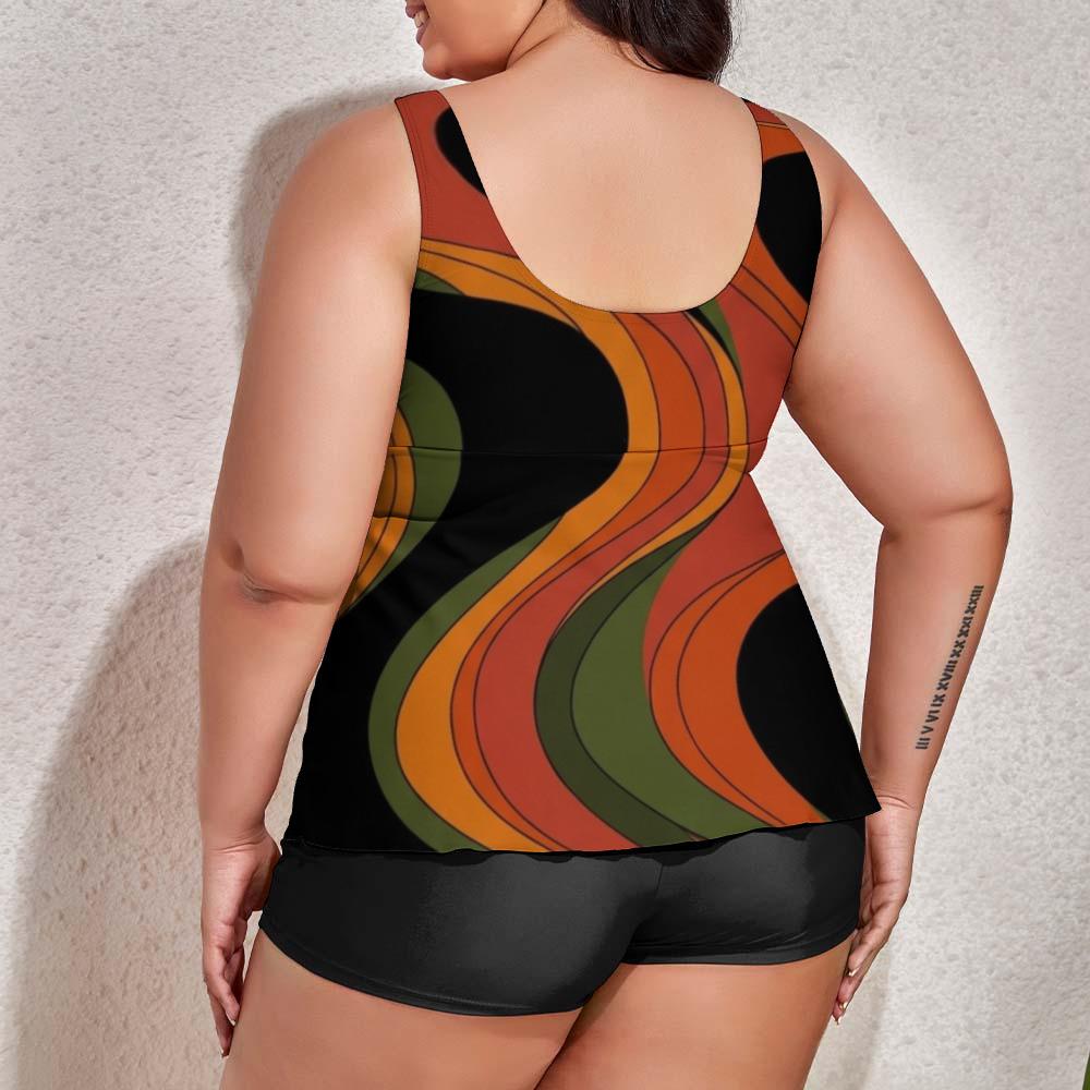 Plus Size Tankini with Shorts: Retro 70s Wave Two Piece Swimsuit, Adjustable Drawstring Top - image 9