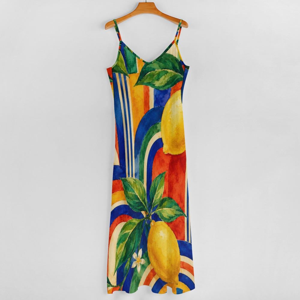 Amalfi Lemon Maxi Dress, Watercolor Citrus Print, Mediterranean Summer Resort Wear - image 6