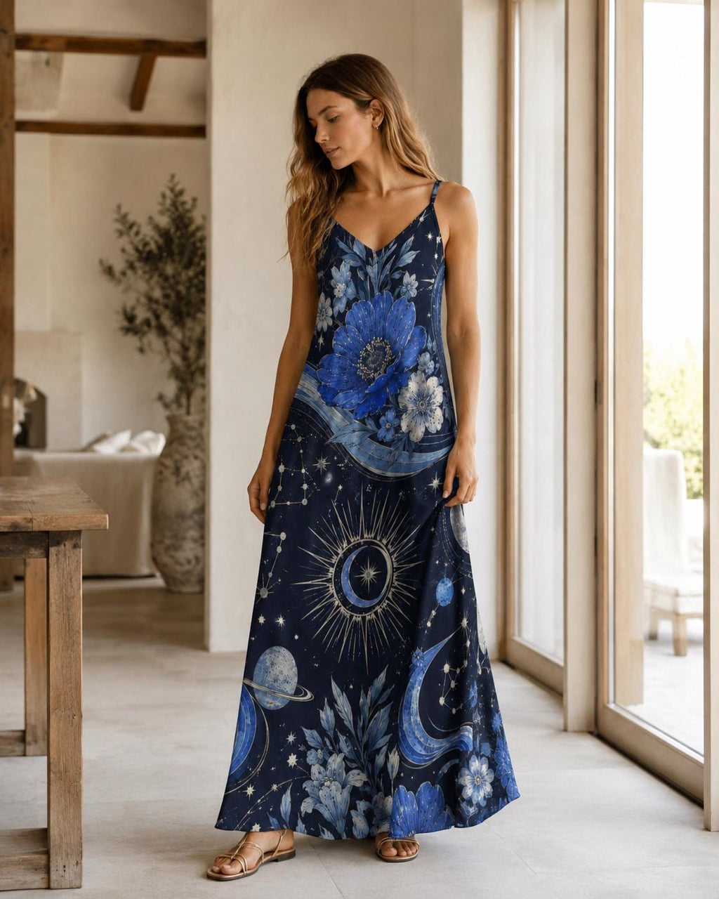 Celestial Maxi Dress, Moon Stars Floral Slip, Blue Boho Summer Vacation Outfit - image 3