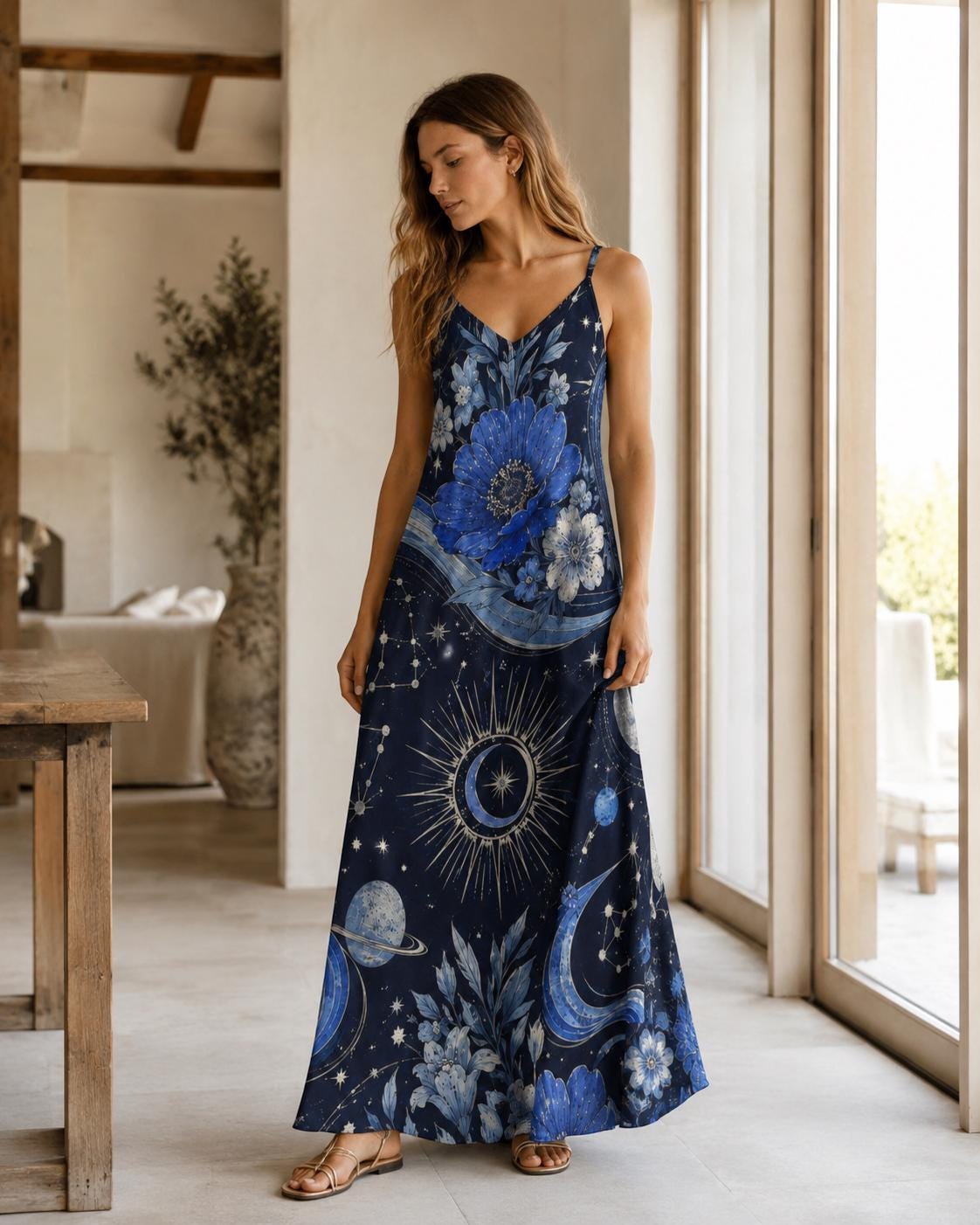 Celestial Maxi Dress, Moon Stars Floral Slip, Blue Boho Summer Vacation Outfit - image 3