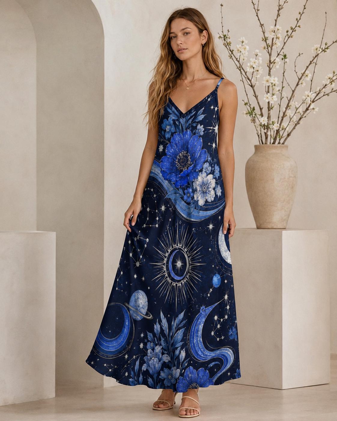 Celestial Maxi Dress, Moon Stars Floral Slip, Blue Boho Summer Vacation Outfit - image 4
