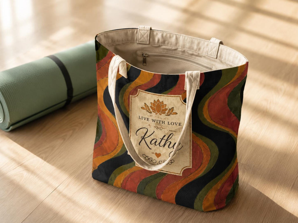 Personalized Retro Yoga Tote, Cotton-Linen Custom Name Bag with Inner Zipper Pocket - image 5