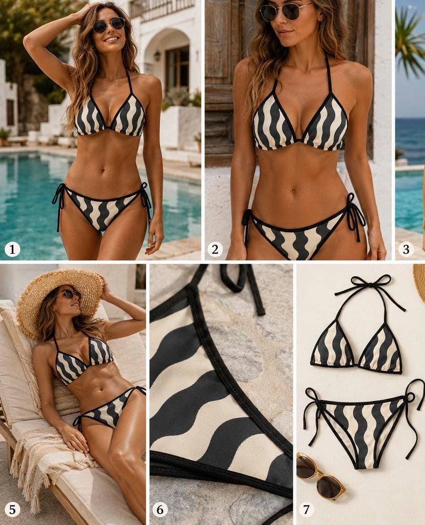 Retro Zebra Print Triangle Bikini, Black Cream String Swimsuit - image 4