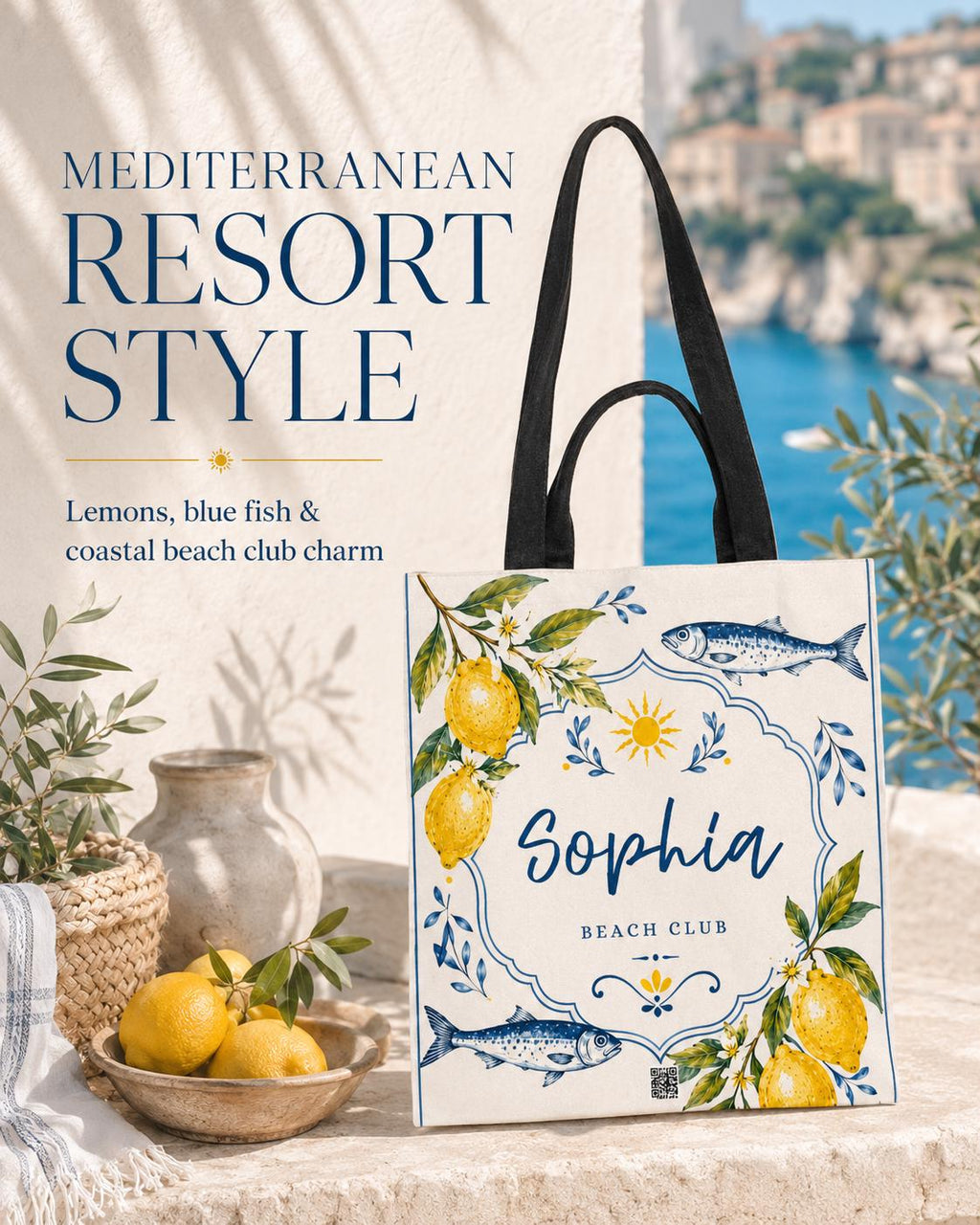 Personalized Lemon Fish Beach Tote Bag, Mediterranean Coastal Canvas Market Bag - image 3