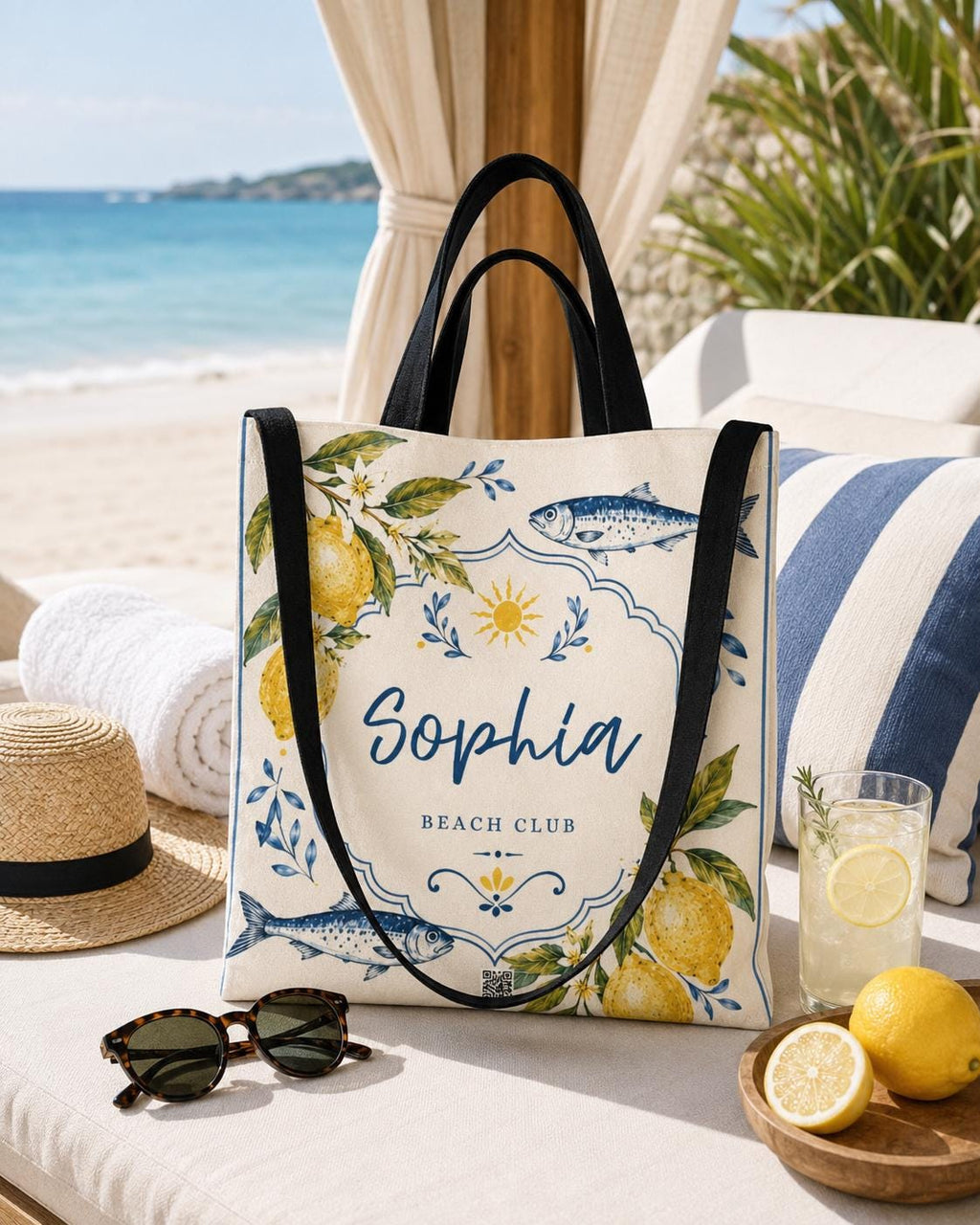 Personalized Lemon Fish Beach Tote Bag, Mediterranean Coastal Canvas Market Bag - image 7
