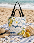 Personalized Lemon Fish Beach Tote Bag, Mediterranean Coastal Canvas Market Bag - image 1