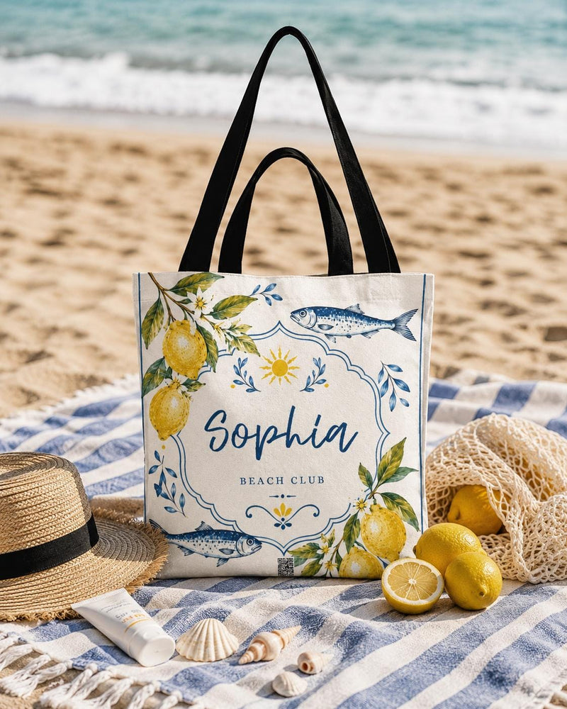Personalized Lemon Fish Beach Tote Bag, Mediterranean Coastal Canvas Market Bag - image 1