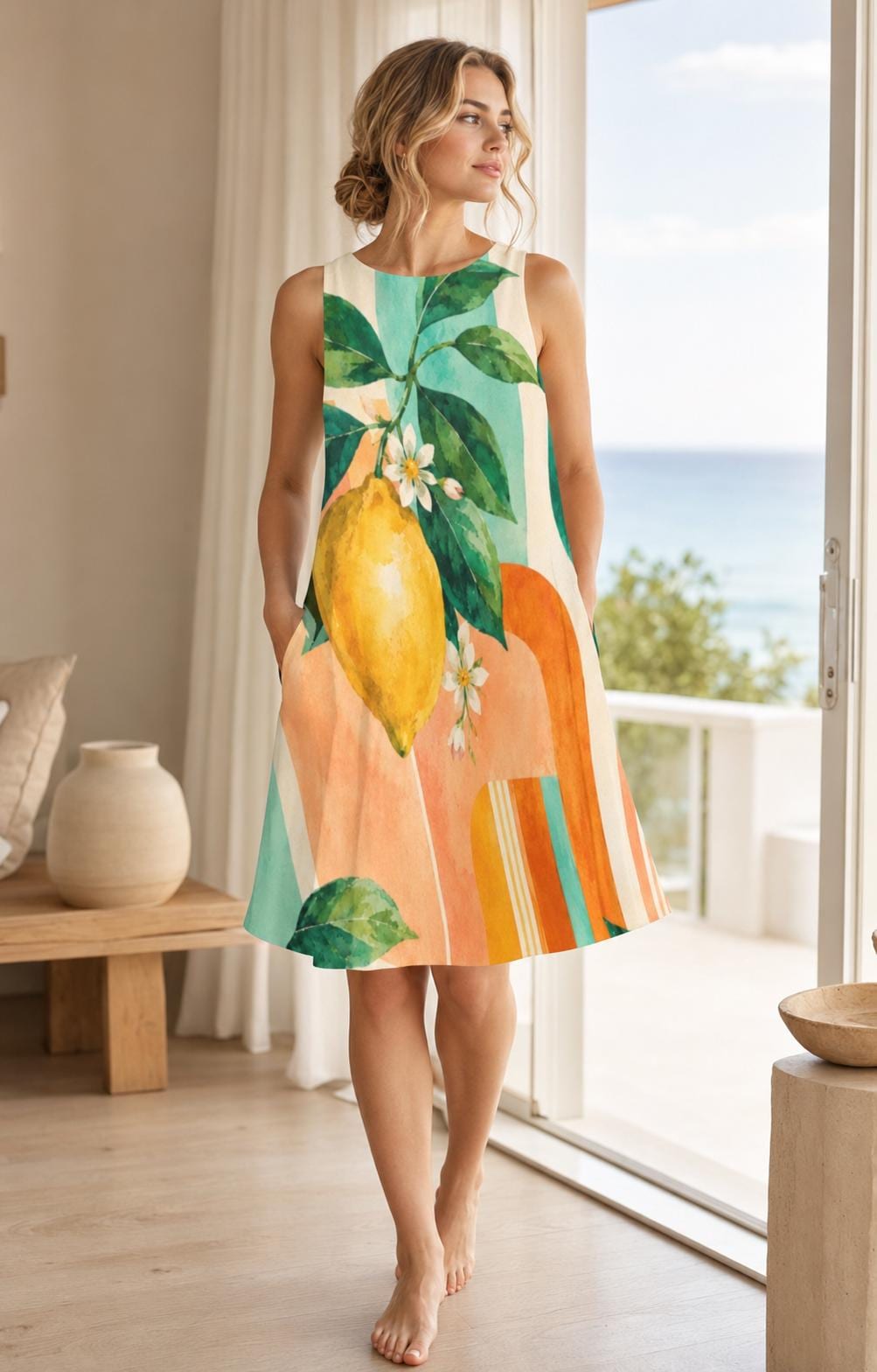 Lemon Watercolor A-Line Dress, Sleeveless Mediterranean Resort Wear - image 6