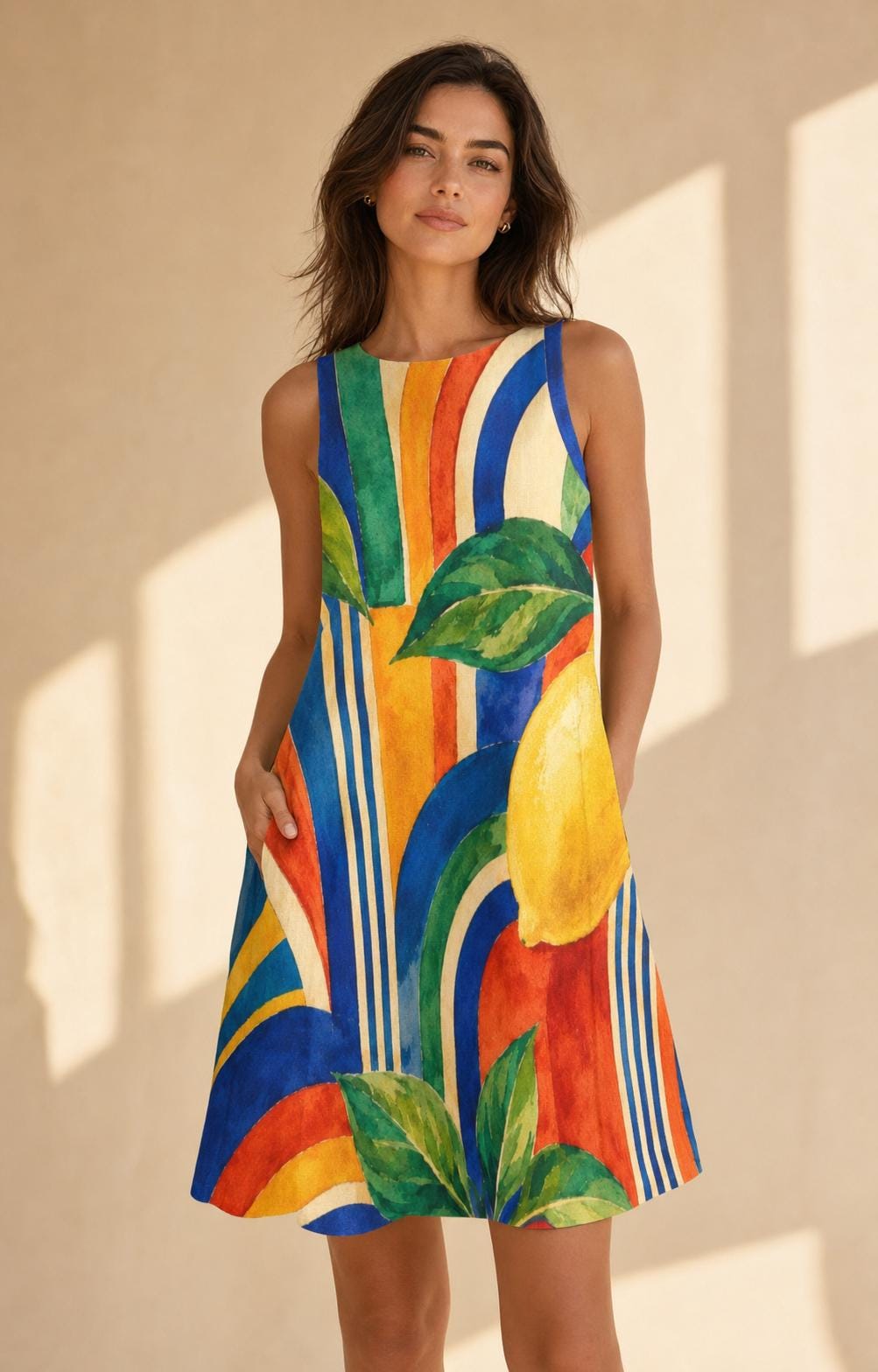 Colorful Lemon A-Line Dress, Retro Italian Summer Resort Outfit, Pockets - image 3