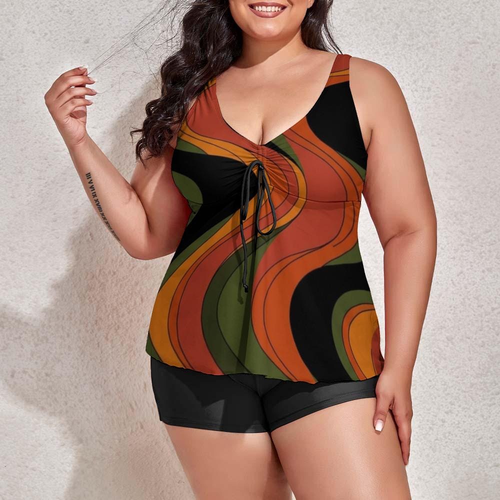 Plus Size Tankini with Shorts: Retro 70s Wave Two Piece Swimsuit, Adjustable Drawstring Top - image 10