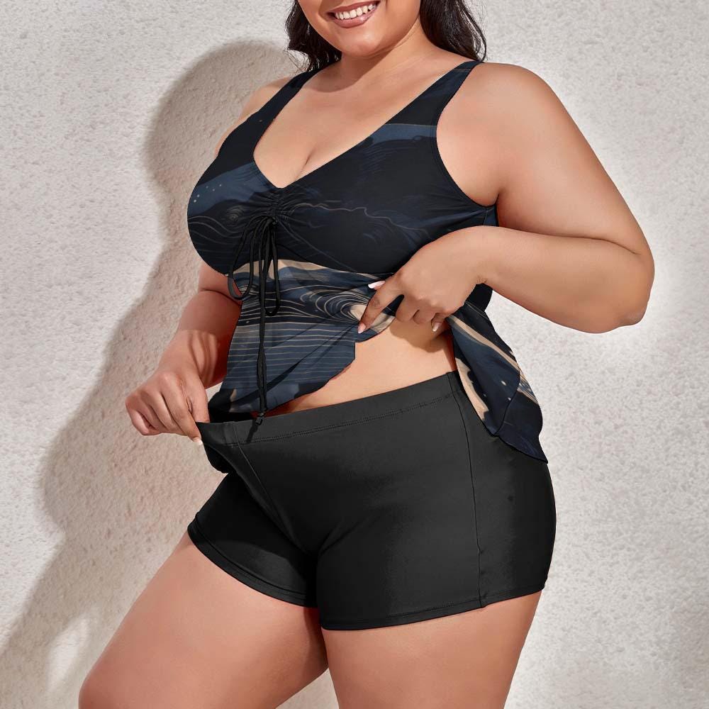 Plus Size Tankini Swimsuit, Black Marble Abstract Print Two-Piece Set - image 10