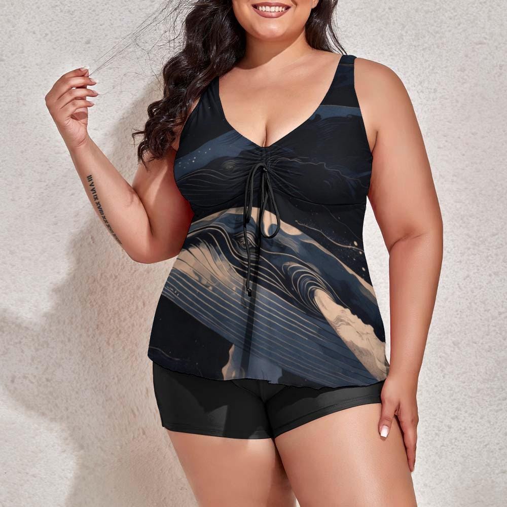 Plus Size Tankini Swimsuit, Black Marble Abstract Print Two-Piece Set - image 9