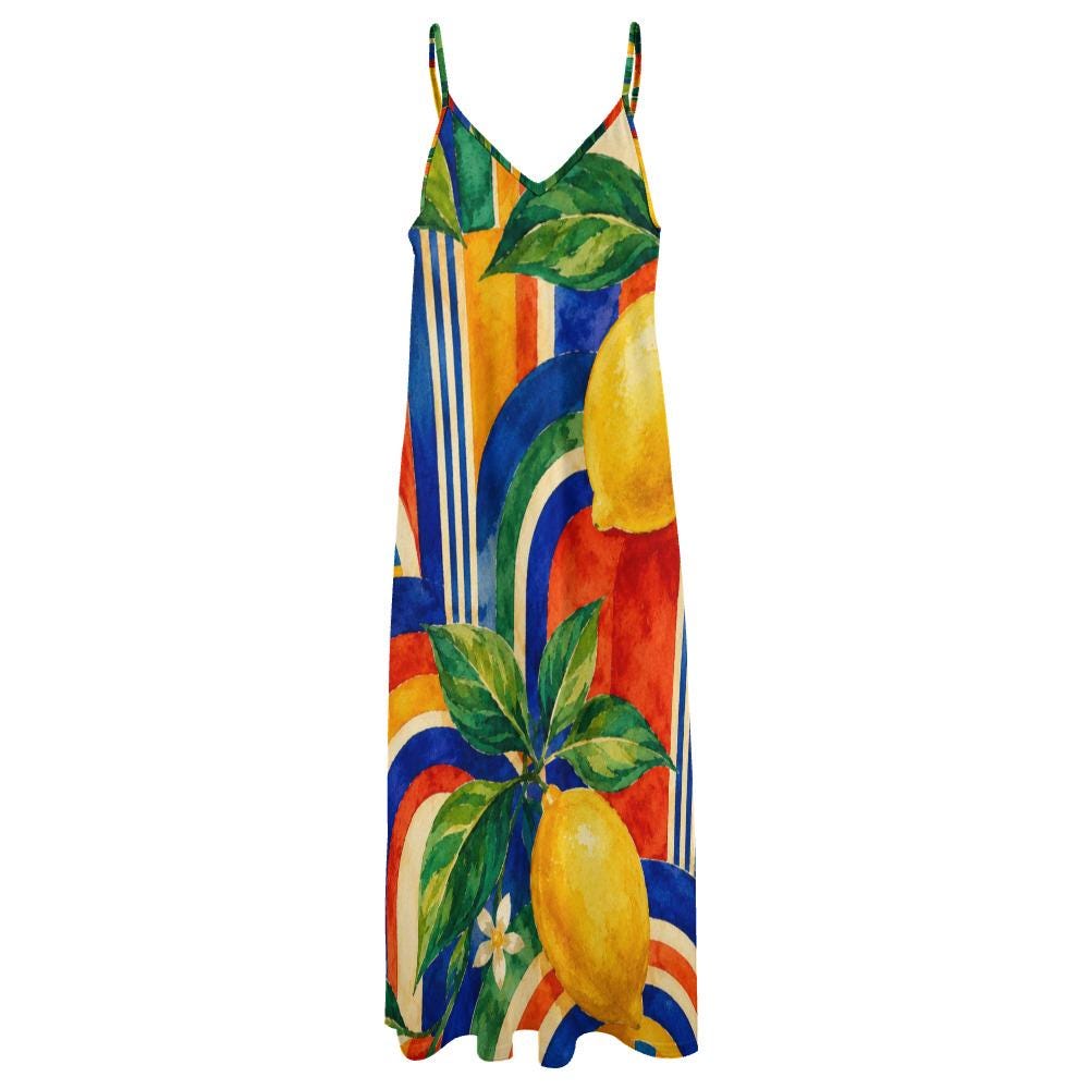 Amalfi Lemon Maxi Dress, Watercolor Citrus Print, Mediterranean Summer Resort Wear - image 7