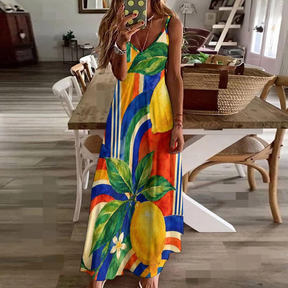 Amalfi Lemon Maxi Dress, Watercolor Citrus Print, Mediterranean Summer Resort Wear - image 8