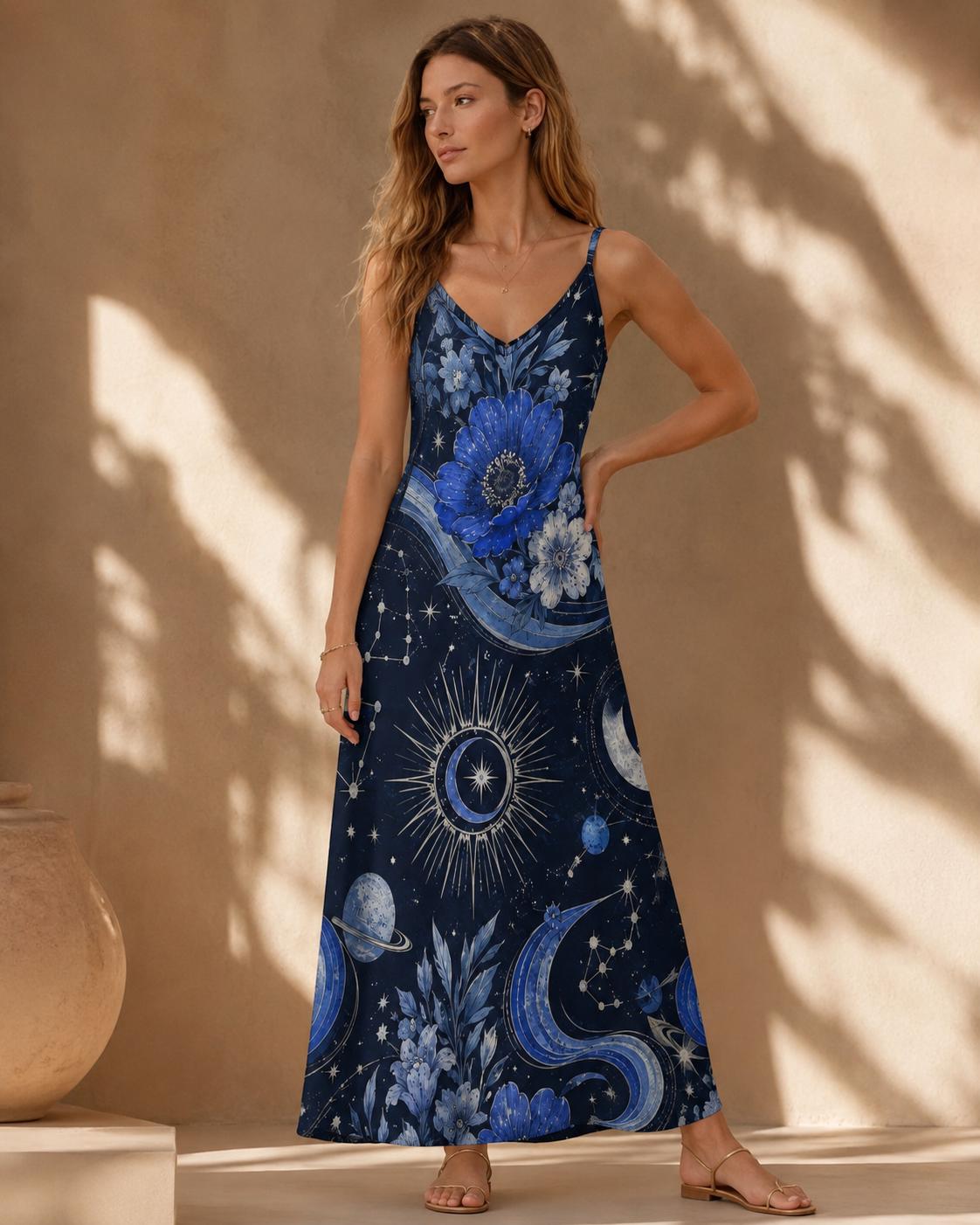 Celestial Maxi Dress, Moon Stars Floral Slip, Blue Boho Summer Vacation Outfit - image 7