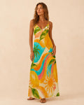 Colorful Tropical Maxi Dress, Retro Sun Palm Lemon Print, Resort Wear - image 1