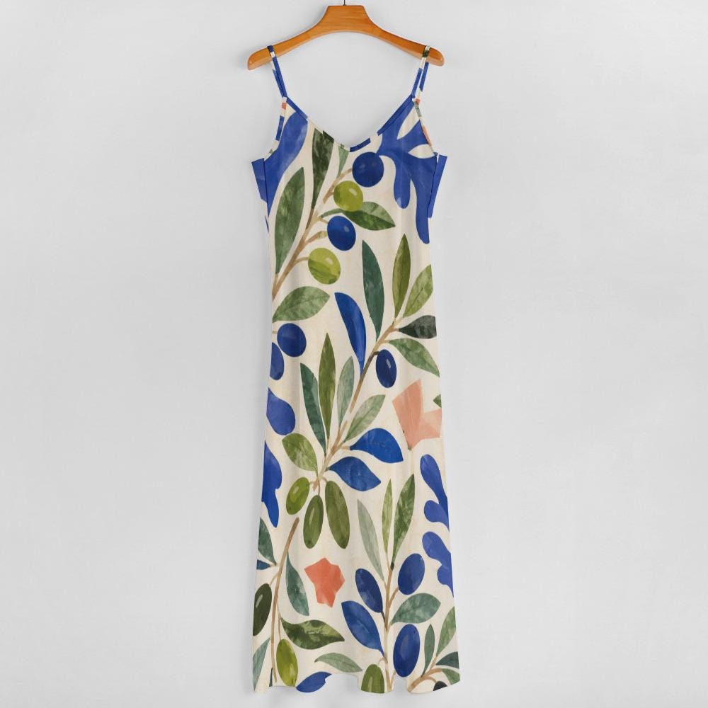 Mediterranean Maxi Dress, Abstract Botanical Print, Flowy V-Neck Resort Sundress - image 10