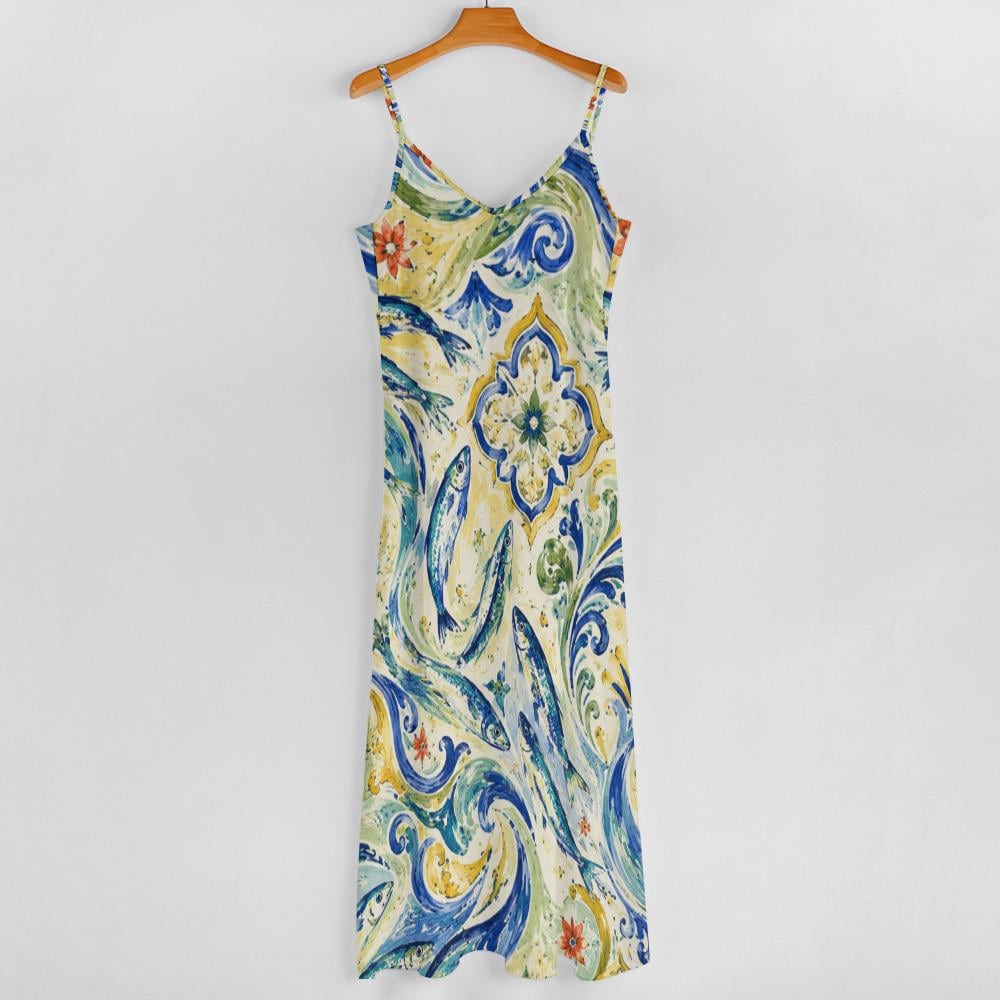 Mediterranean Sardine Maxi Dress, Italian Tile Print, Coastal Vacation Sundress - image 9